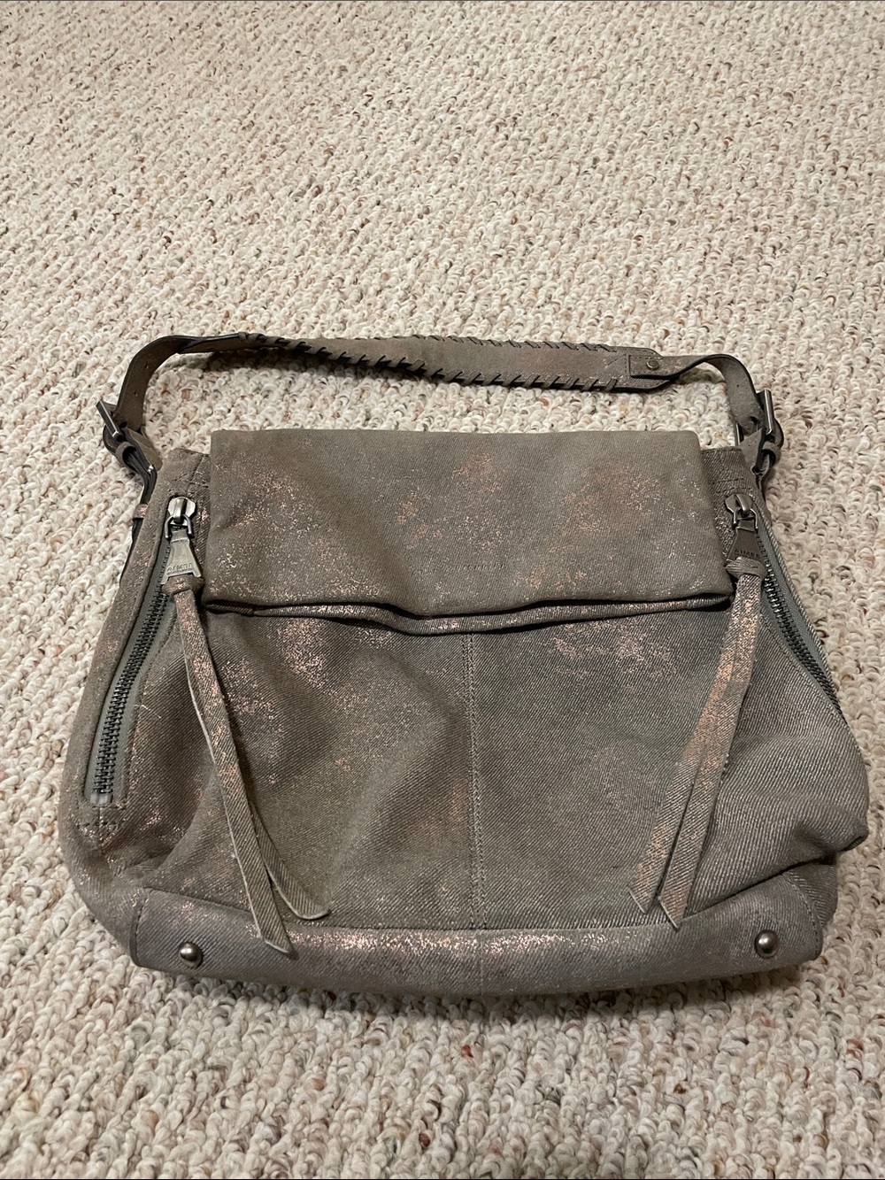 Aimee Kestenberg pewter and bronze metallic leather boho bag with tassel zippers